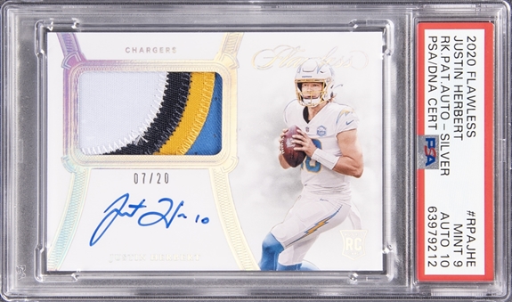 2020 Panini Flawless Rookie Patch Autographs Silver #RPAJHE Justin Herbert Signed Patch Rookie Card (#07/20) - Pop 2 - PSA MINT 9, PSA/DNA 10